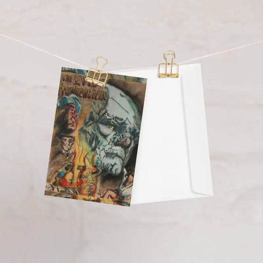 Two papers secured with gold binder clips on a string for an eerie Halloween greeting card