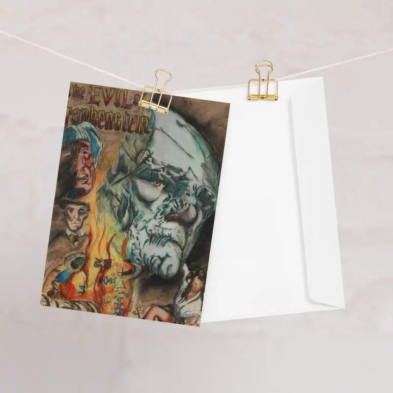 Eerie Halloween greeting card and papers clipped together with gold binder clips