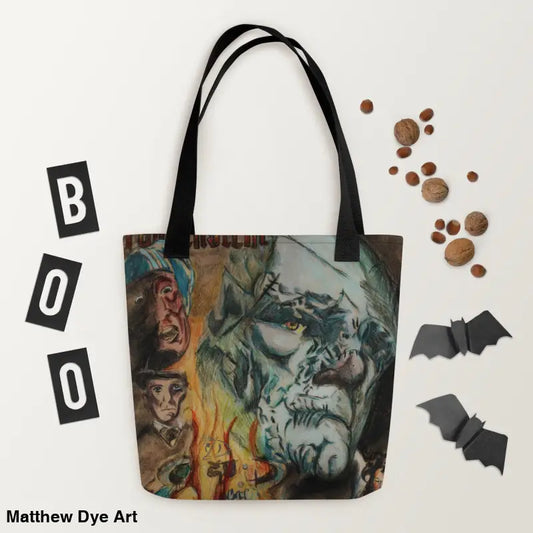 Halloween-themed reusable trick-or-treat bag featuring Frankenstein’s art design