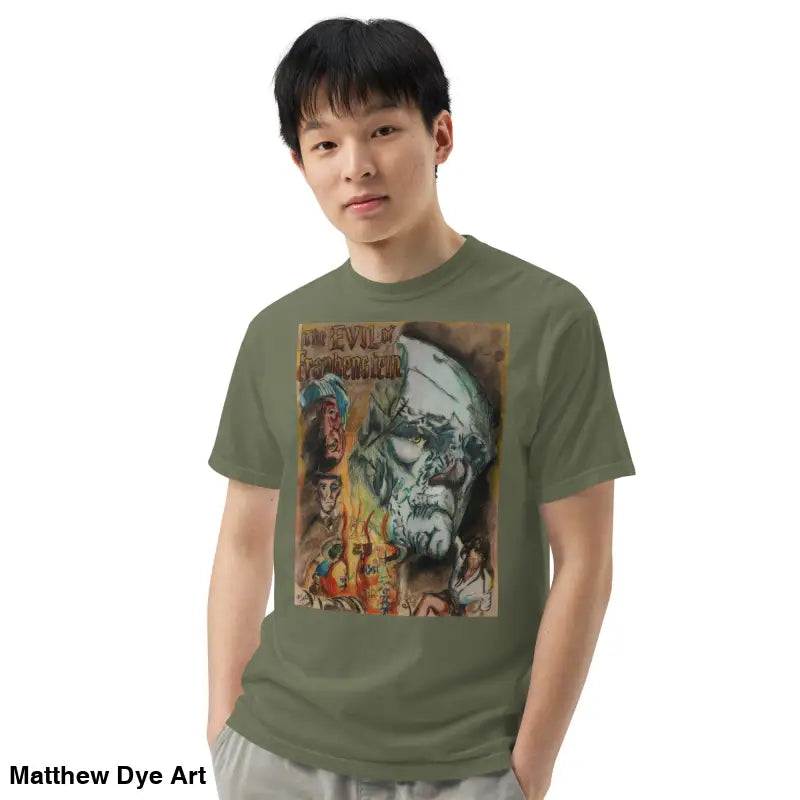 Olive green unisex garment-dyed heavyweight t-shirt featuring dark allure Frankenstein’s Legacy graphic