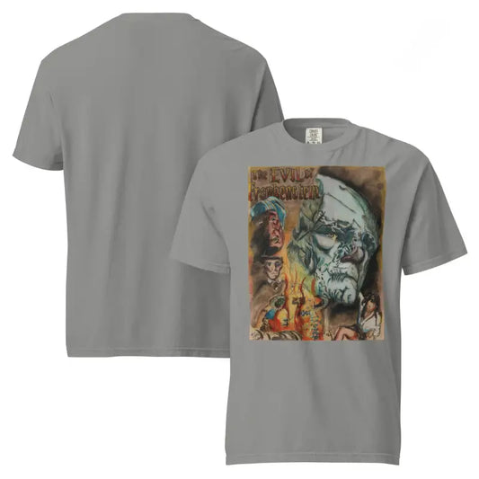 Gray unisex garment-dyed heavyweight t-shirt featuring a monster graphic in vintage style