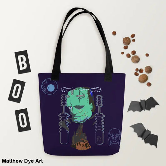Frankenstein tote bag featuring Gothic Halloween art for trick or treat festivities