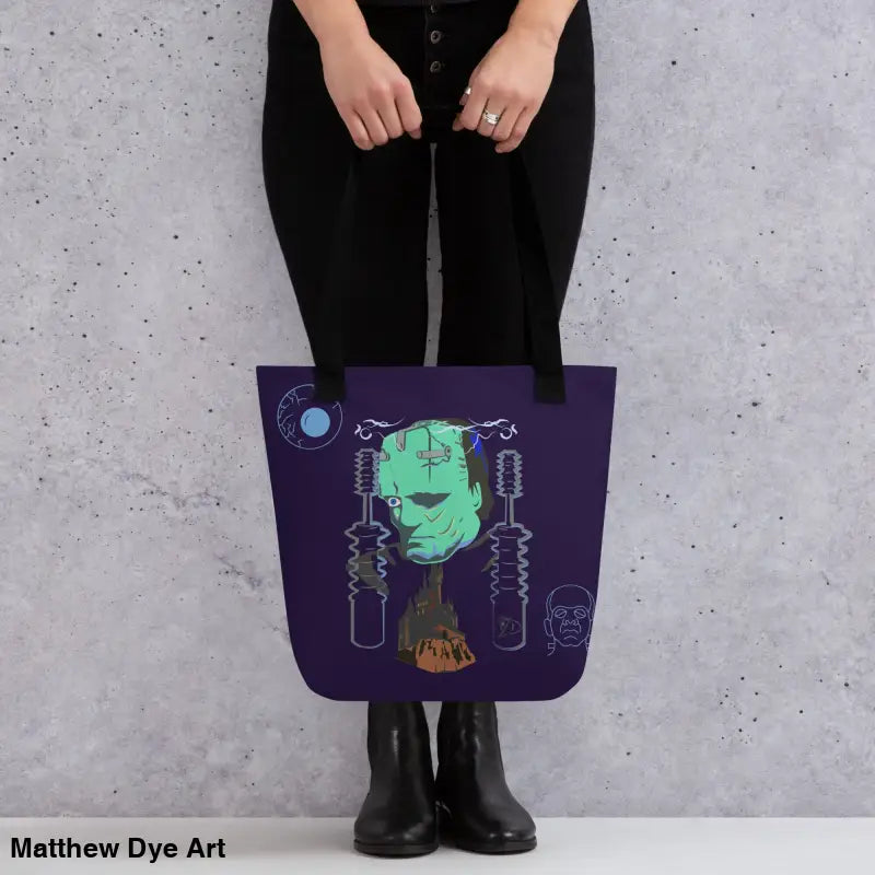 Frankenstein-themed Halloween tote bag for trick or treat festivities