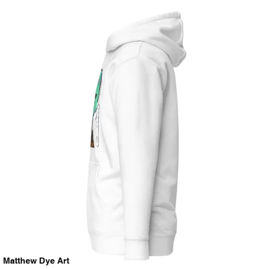 White hooded sweatshirt featuring Gothic Horror art as a delightful tribute to Frankenstein’s monster