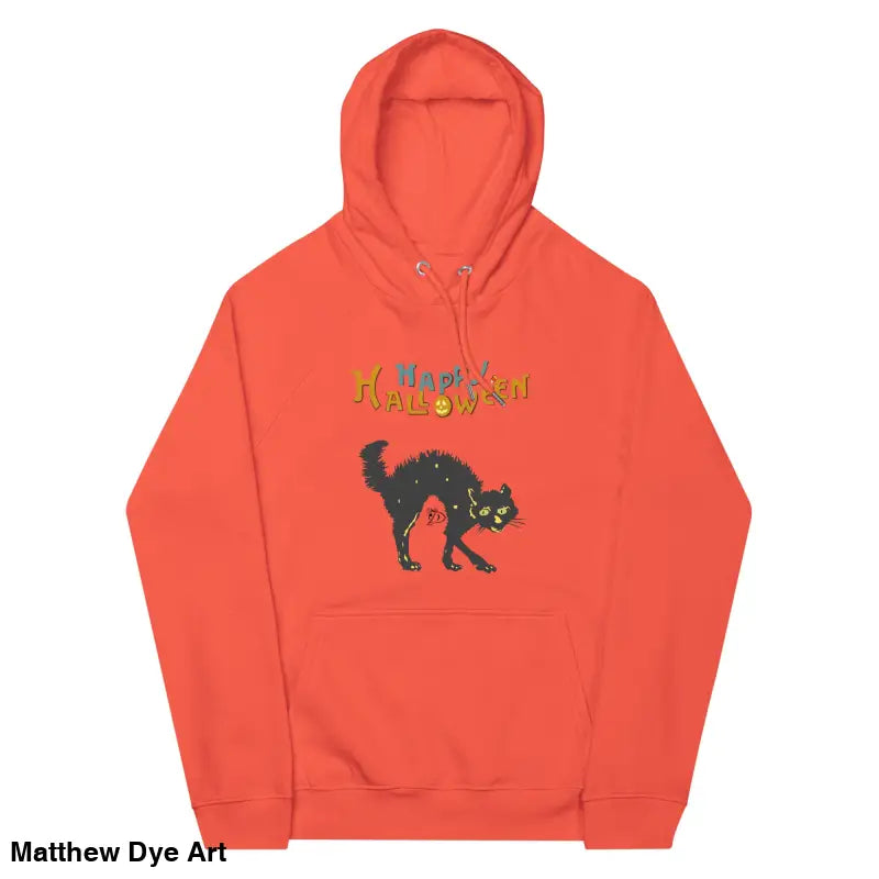 Orange hoodie featuring Scary Cat Halloween design, ideal as a Halloween ugly sweater