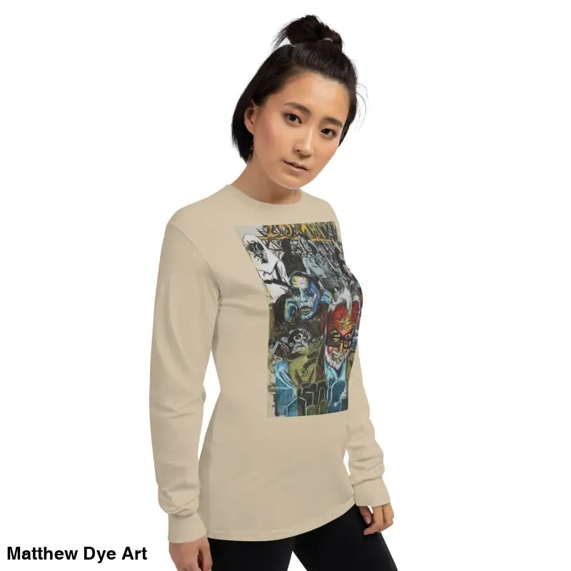 Beige long-sleeved shirt featuring surreal comic book graphic art by George A. Romero