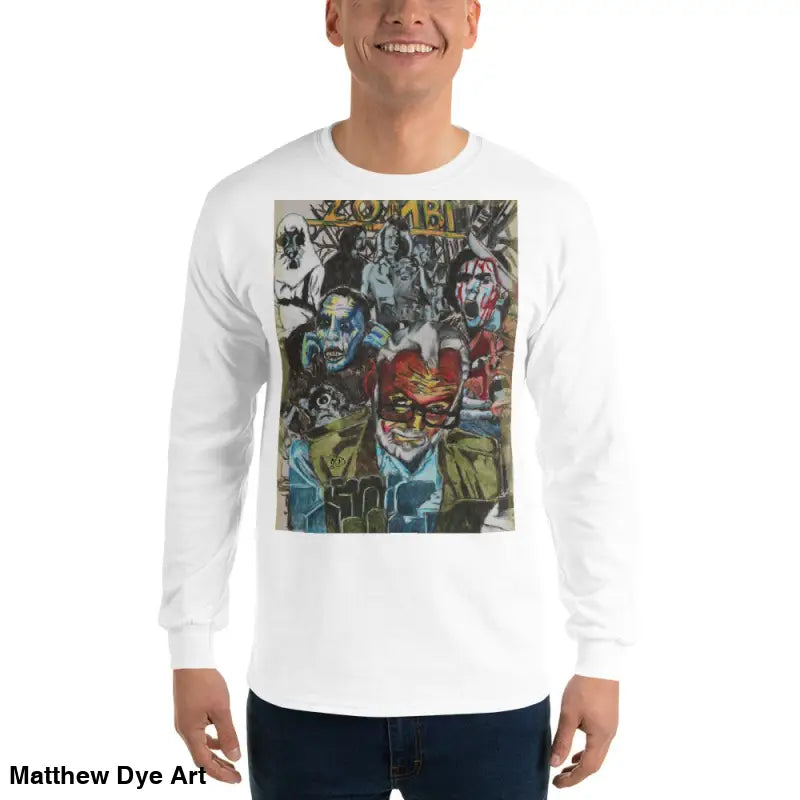 White long-sleeved shirt featuring surreal zombie art from George A. Romero tribute