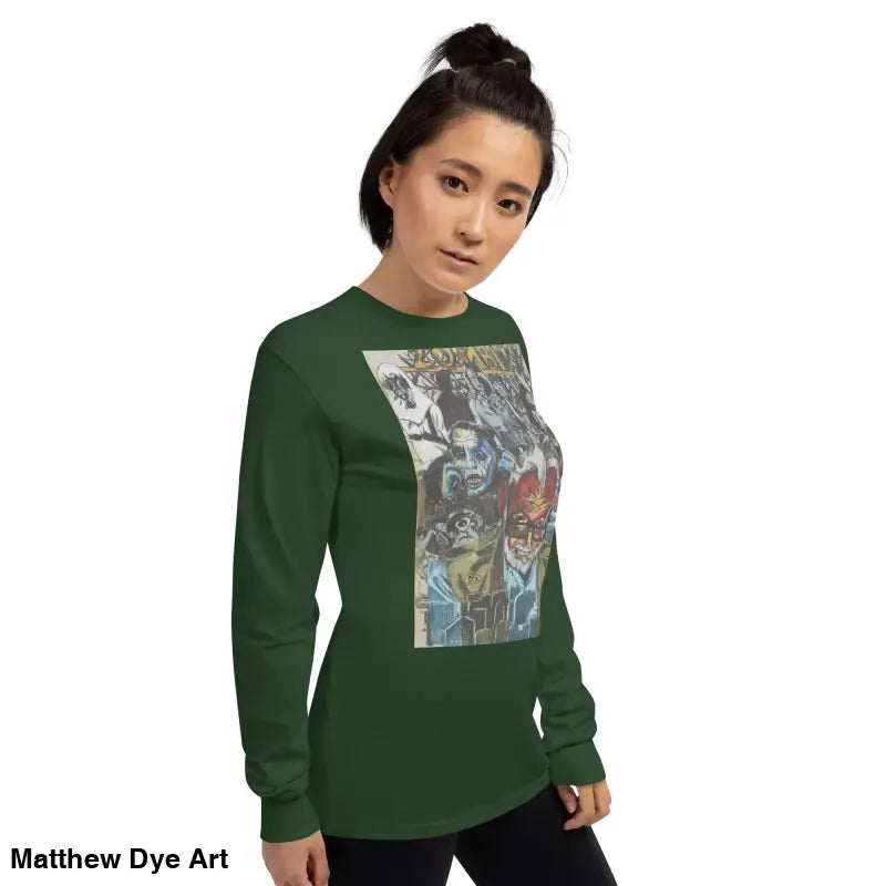 Green long-sleeved shirt featuring surreal art from George A. Romero Horror Tribute
