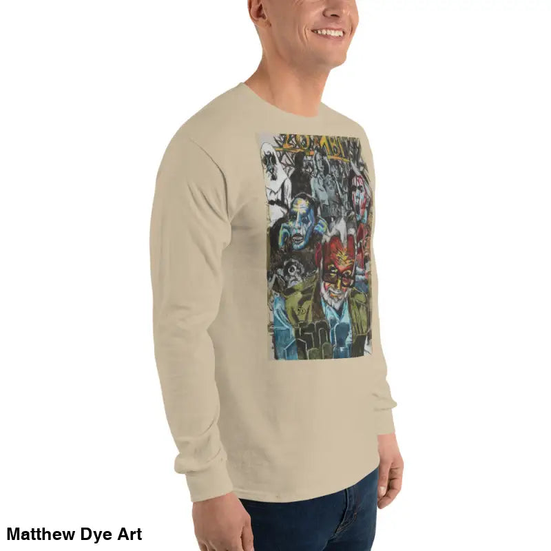 Beige long-sleeved shirt featuring surreal monster graphic art in George A. Romero Tribute