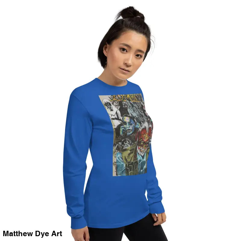 Blue long-sleeved shirt featuring surreal art for George A. Romero Horror Tribute