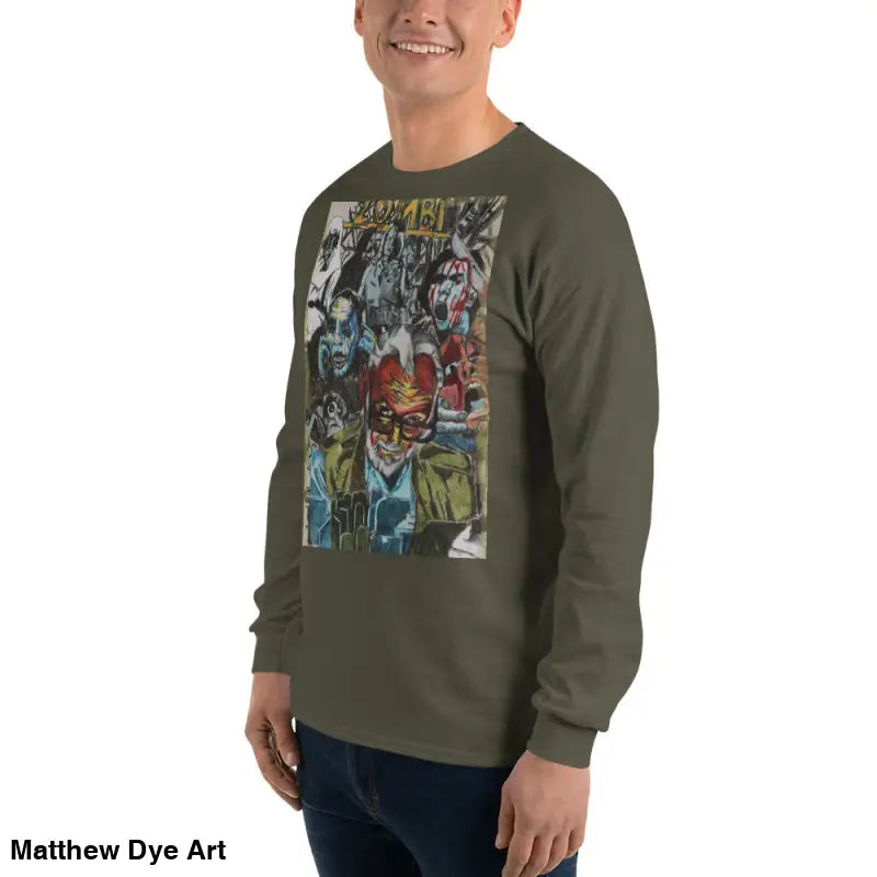 Olive-green long-sleeved shirt featuring surreal graphic art by George A. Romero
