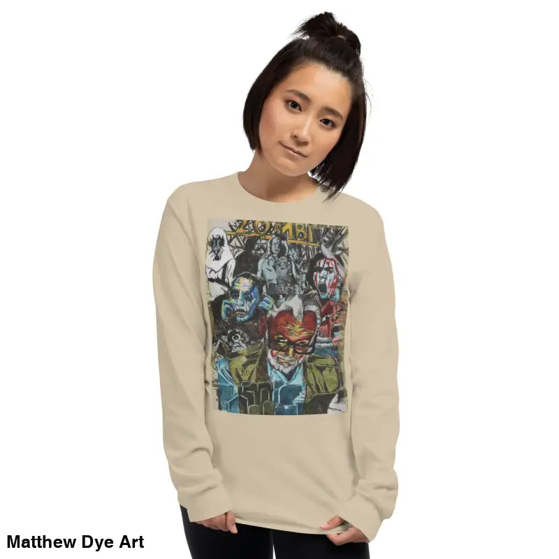 Beige long-sleeved shirt featuring surreal zombie art, George A. Romero Horror Tribute