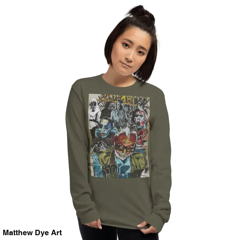 Olive green long-sleeved shirt featuring surreal graphic art design by George A. Romero