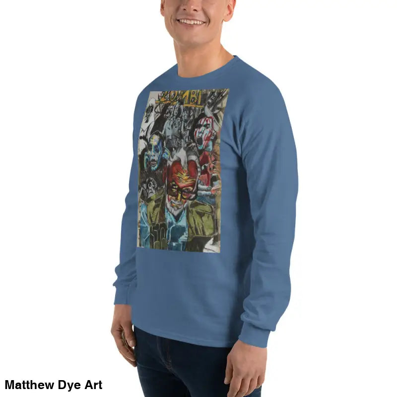 Blue long-sleeved shirt featuring surreal graphic art from George A. Romero tribute