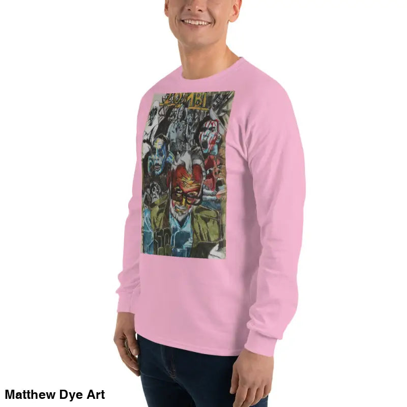 Pink long-sleeved shirt featuring surreal art from George A. Romero Horror Tribute tee