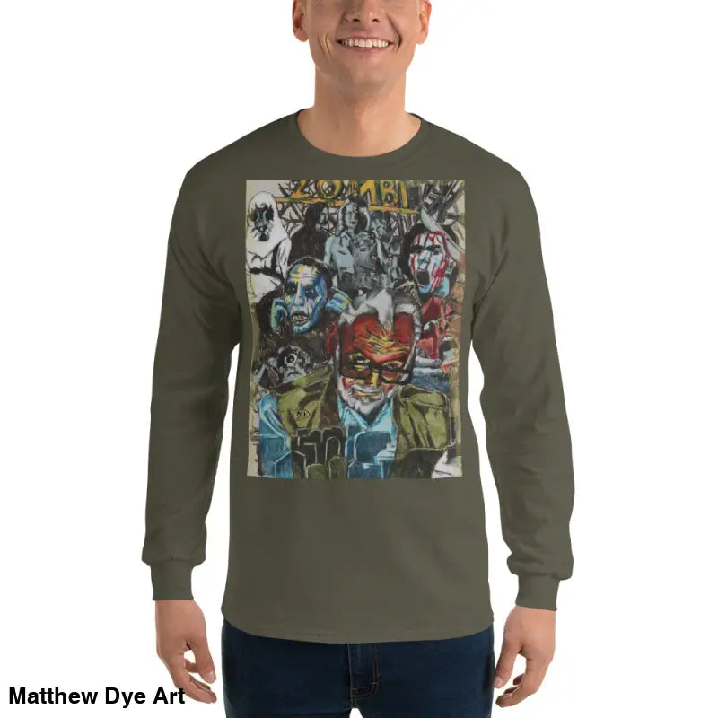 Olive green long-sleeved shirt featuring surreal zombie graphic art for horror fans