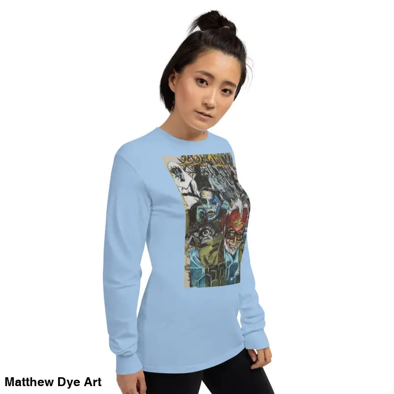 Light blue long-sleeved shirt featuring surreal art for the George A. Romero tribute