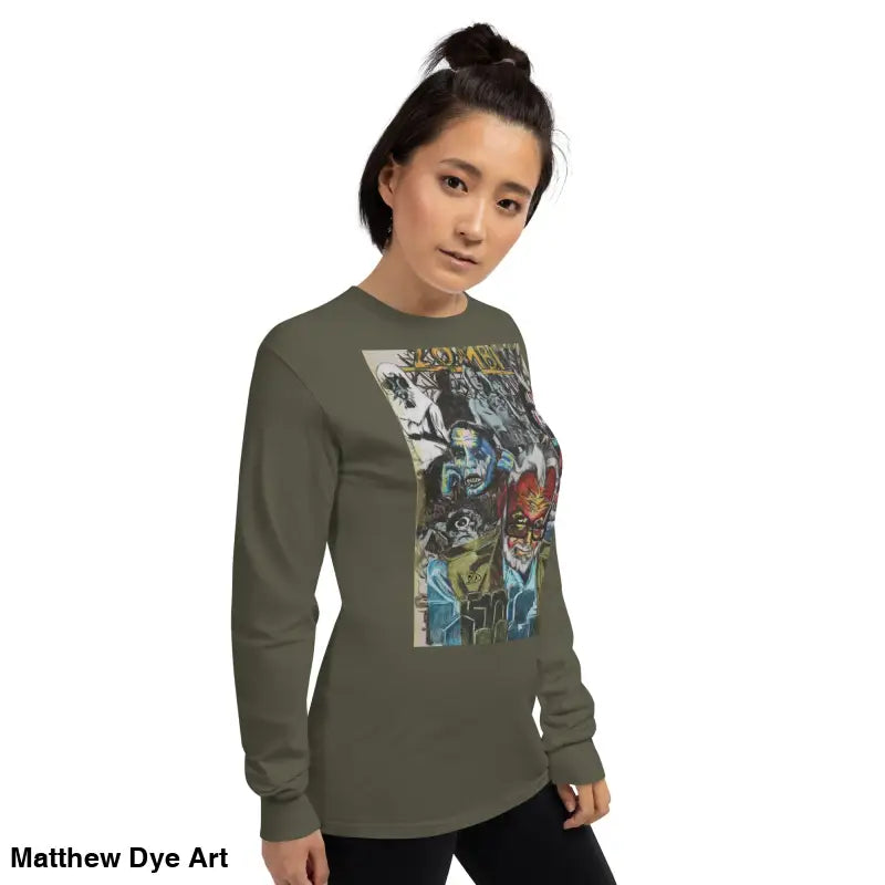 Olive-green long-sleeved shirt featuring surreal comic book graphic art by George A. Romero