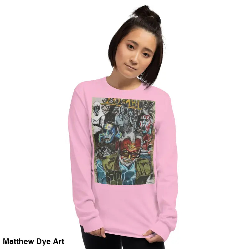 Pink long-sleeved shirt featuring surreal monster collage art for George A. Romero tribute