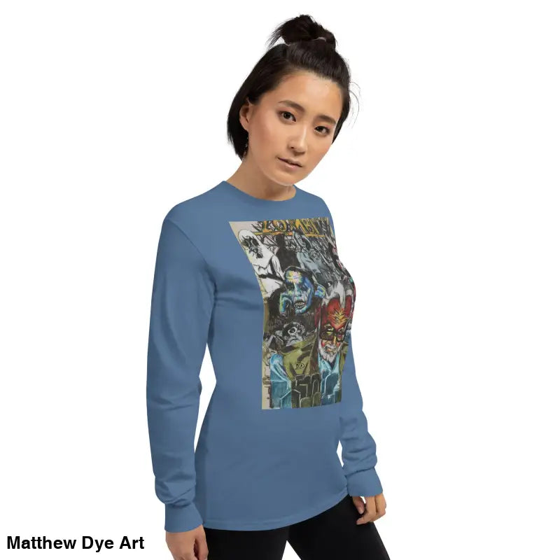 Blue long-sleeved shirt featuring surreal art inspired by George A. Romero’s horror tribute