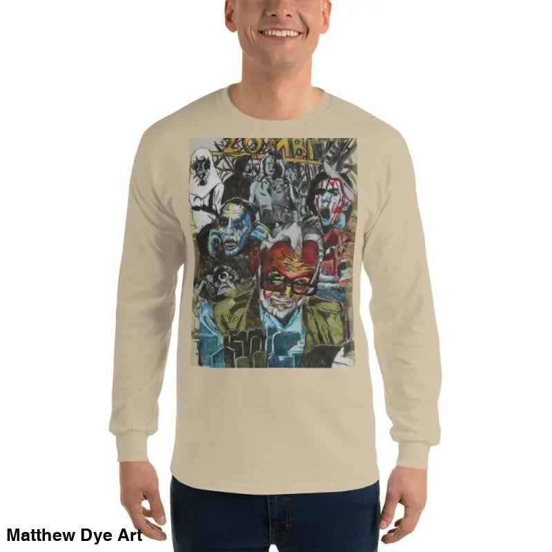 Beige long-sleeved shirt featuring surreal graphic art from George A. Romero Tribute