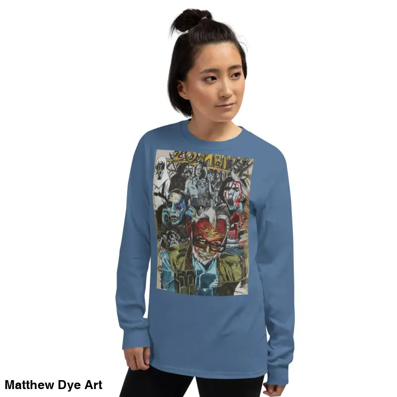 Blue long-sleeved shirt featuring surreal zombie graphic art by George A. Romero