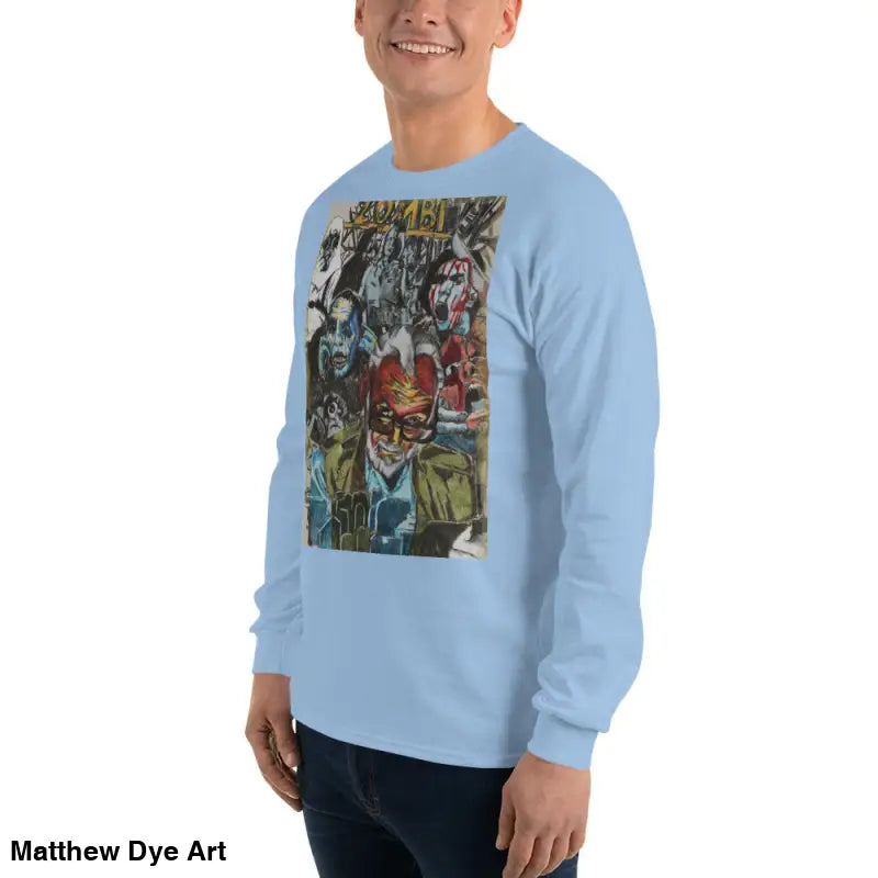 Light blue long-sleeved shirt featuring surreal graphic art for George A. Romero tribute