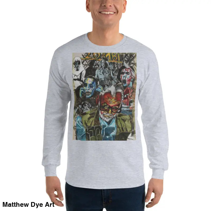 Gray long-sleeved shirt featuring surreal zombie art in George A. Romero tribute design