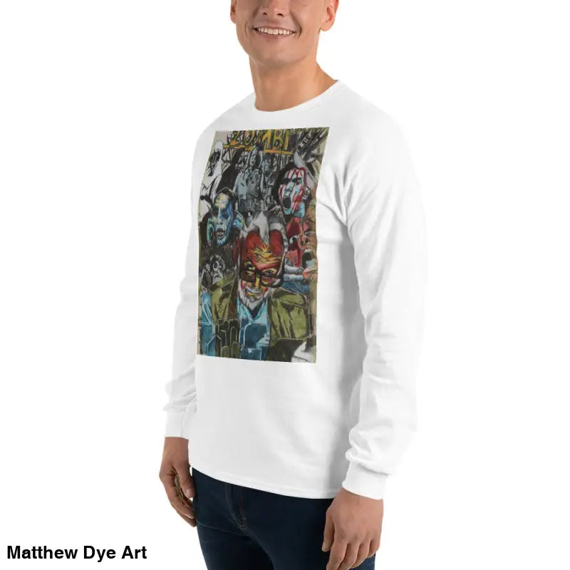 White long-sleeved shirt featuring surreal art in a colorful graphic design