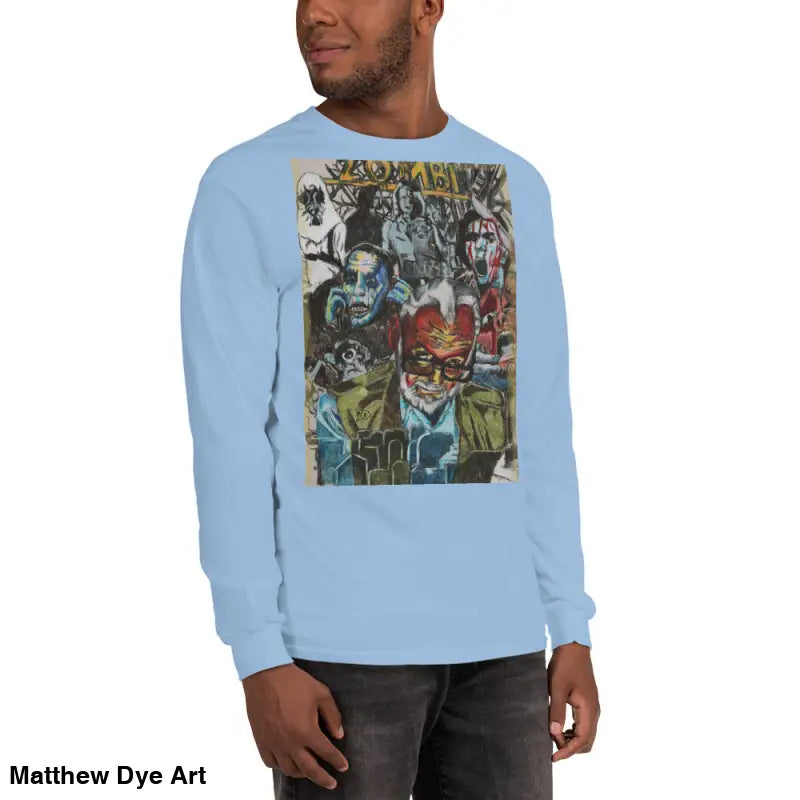 Light blue long-sleeved shirt featuring surreal art for George A. Romero tribute