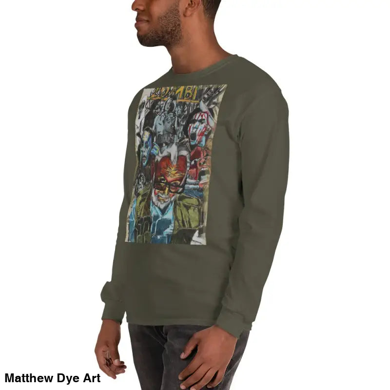 Olive green long-sleeved shirt featuring surreal art from George A. Romero Horror Tribute