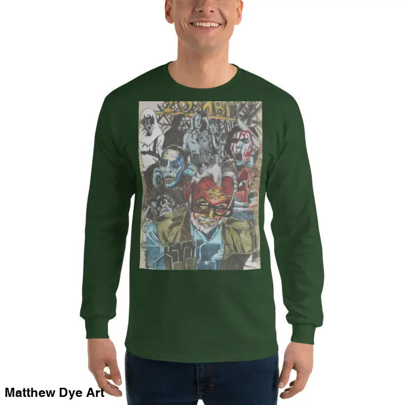Green long-sleeved shirt featuring surreal zombie art from George A. Romero tribute