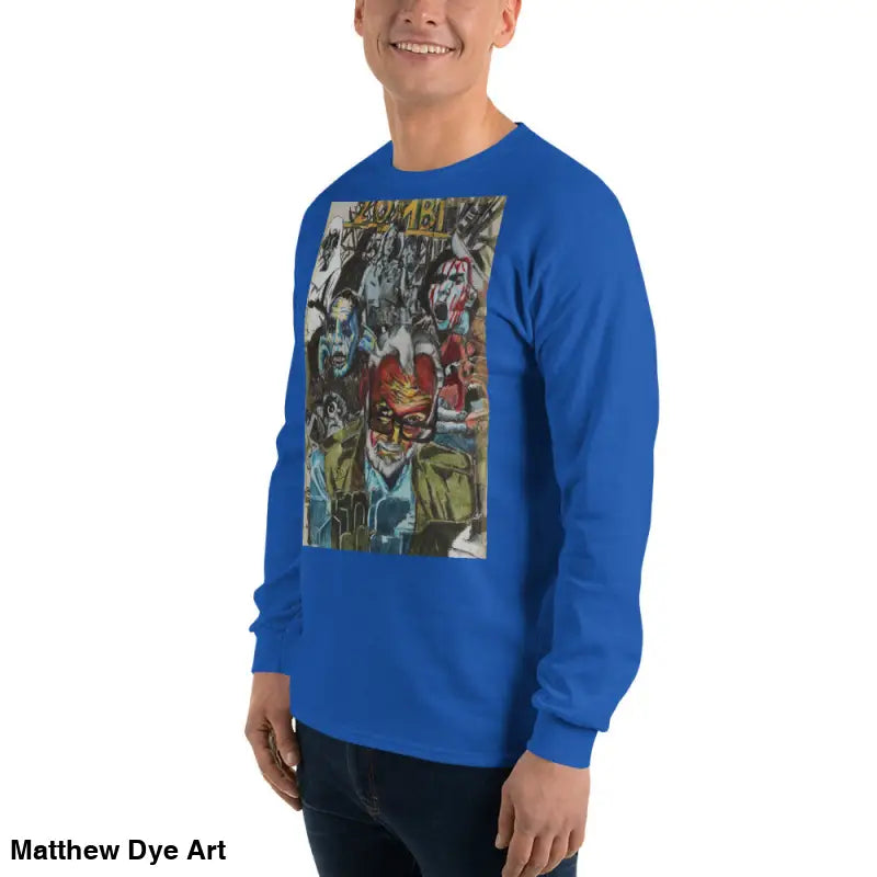 Blue long-sleeved shirt featuring surreal art from George A. Romero Horror Tribute