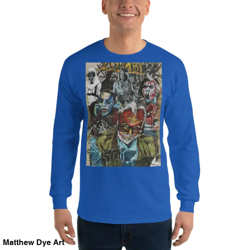 Blue long-sleeved shirt featuring surreal zombie art for George A. Romero tribute