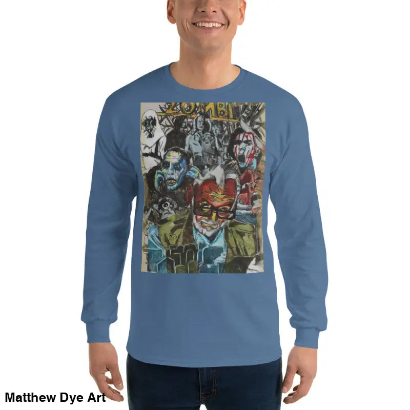 Blue long-sleeved shirt featuring surreal zombie graphic art by George A. Romero