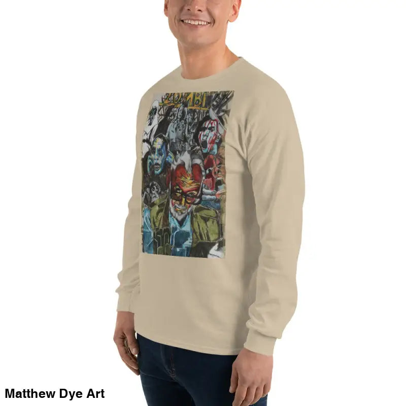 Beige long-sleeved shirt featuring surreal graphic art from George A. Romero tribute
