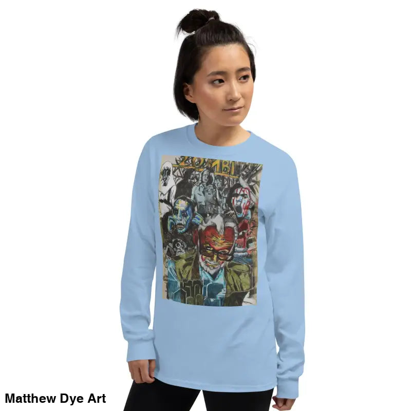 Light blue long-sleeved shirt featuring George A. Romero horror art tribute design