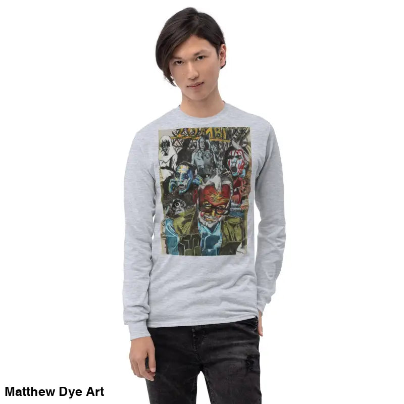 Gray long-sleeved shirt featuring surreal graphic art from George A. Romero Tribute