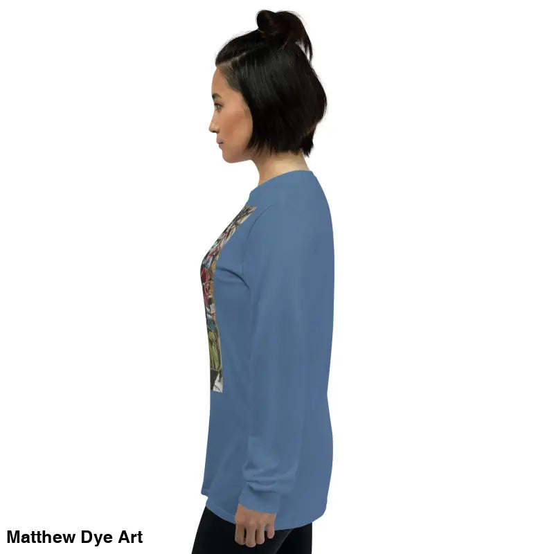 Blue long-sleeved shirt featuring surreal art inspired by George A. Romero’s horror