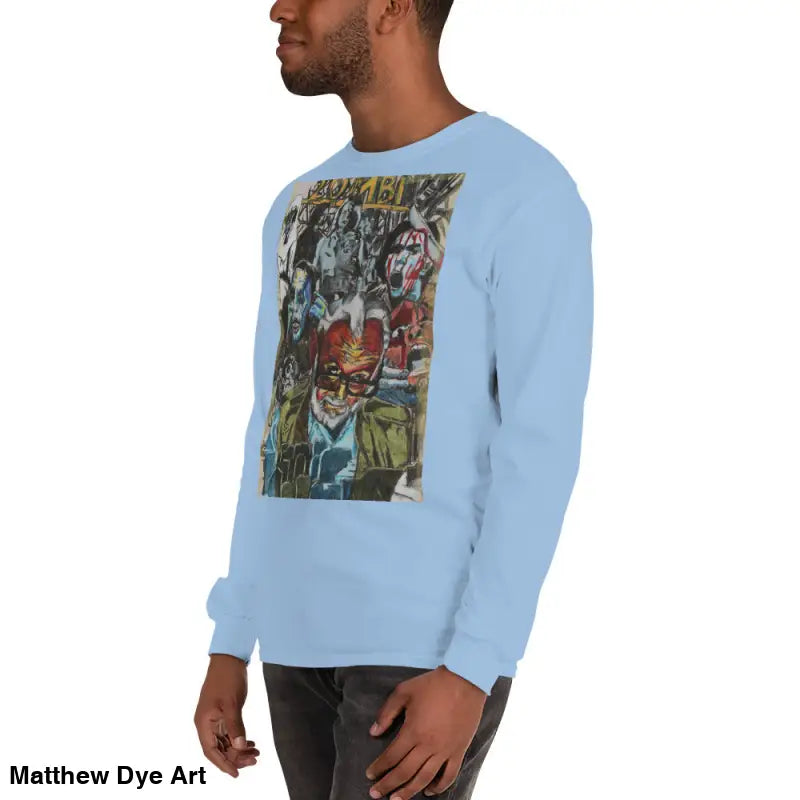 Light blue long-sleeved shirt featuring surreal graphic art for George A. Romero tribute