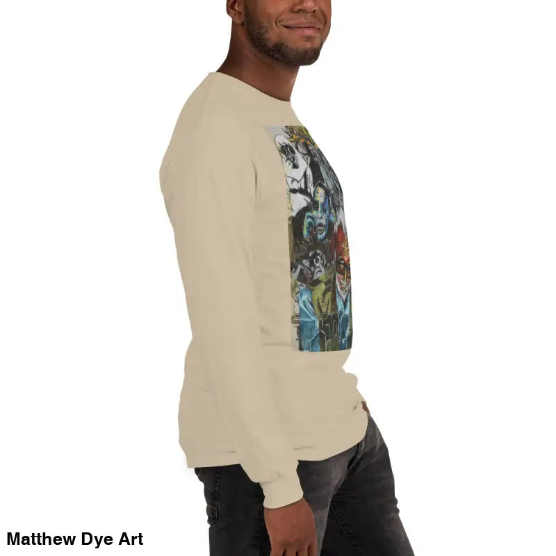 Beige long-sleeved shirt featuring colorful graphic art inspired by George A. Romero