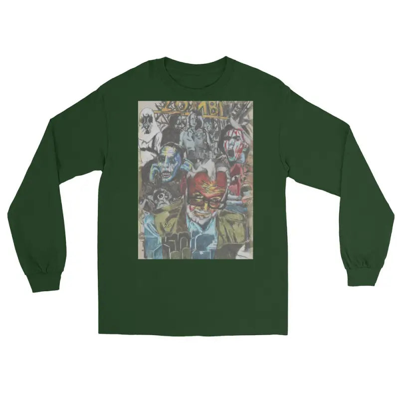 Green long-sleeved shirt featuring surreal zombie graphic art from George A. Romero Tribute