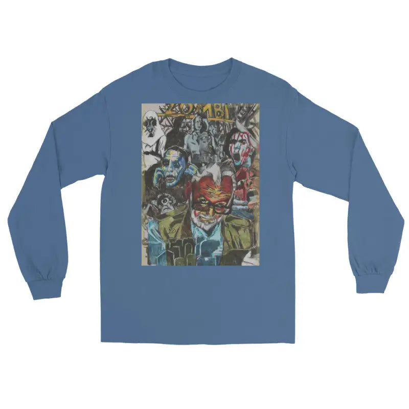 Blue long-sleeved shirt featuring surreal zombie graphic art by George A. Romero