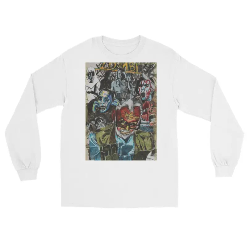 White long-sleeved shirt featuring surreal zombie graphic art from George A. Romero tribute