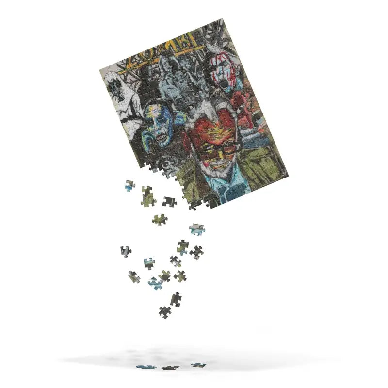 Partially assembled George Romero Zombie Horror jigsaw puzzle with scattered pieces