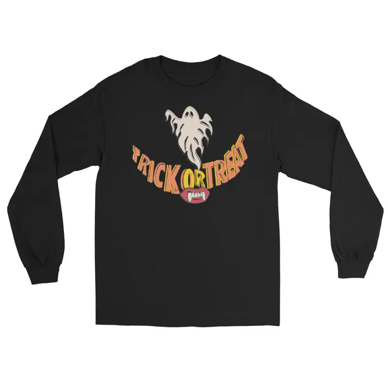 Black long-sleeved Halloween shirt offering spooktacular comfort for trick-or-treat fun