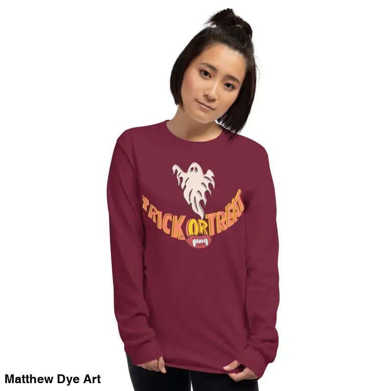 Burgundy long-sleeved shirt featuring vampire fangs for spooktacular comfort unisex wear