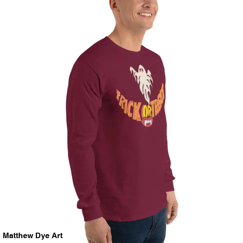 Burgundy long-sleeved shirt featuring Halloween graphic for spooktacular comfort unisex