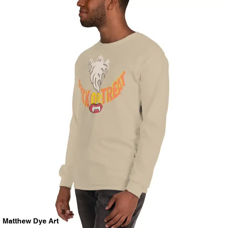 Beige long-sleeved shirt from Ghostly Grin offering spooktacular comfort unisex style