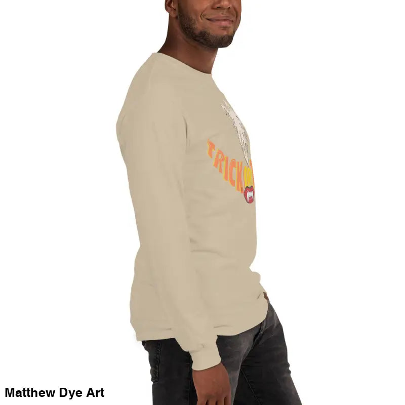 Beige long-sleeve shirt from Ghostly Grin offers spooktacular comfort unisex style